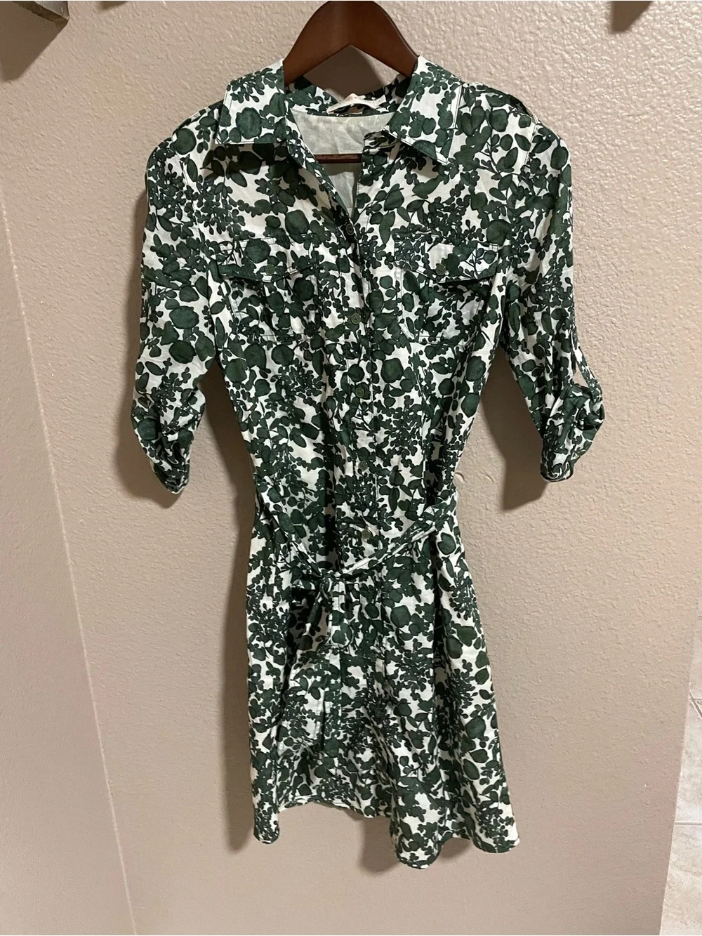 Tory Burch Green and White Floral Tie-Waist Dress